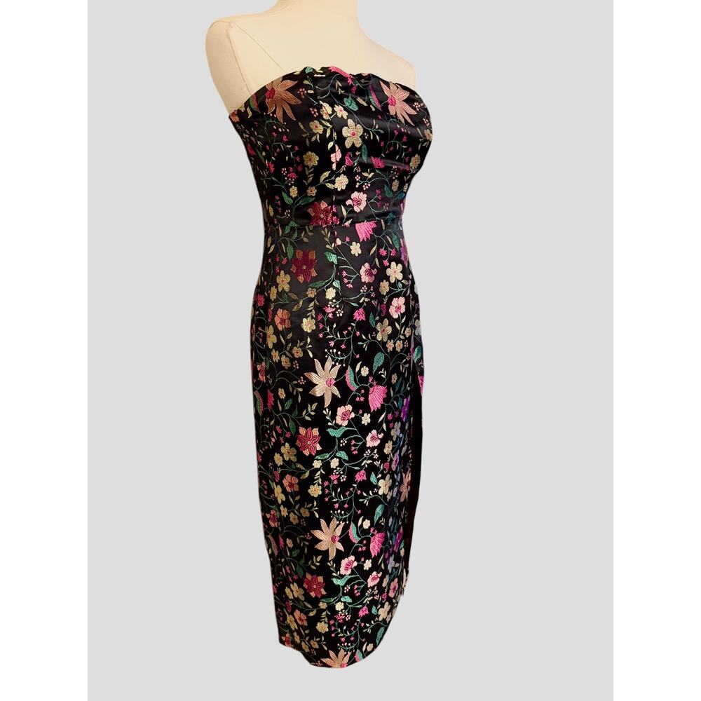 Lulus Make A Move Black Satin Floral Jacquard Midi Dress Size XS Side Slit Party - Picture 10 of 12